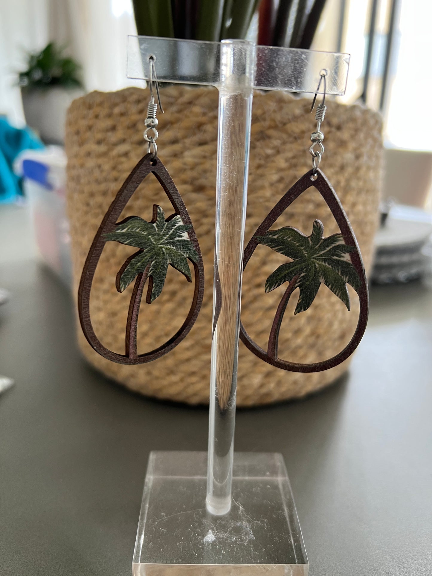 tropical wooden palm tree on a teardrop shape hook earrings
