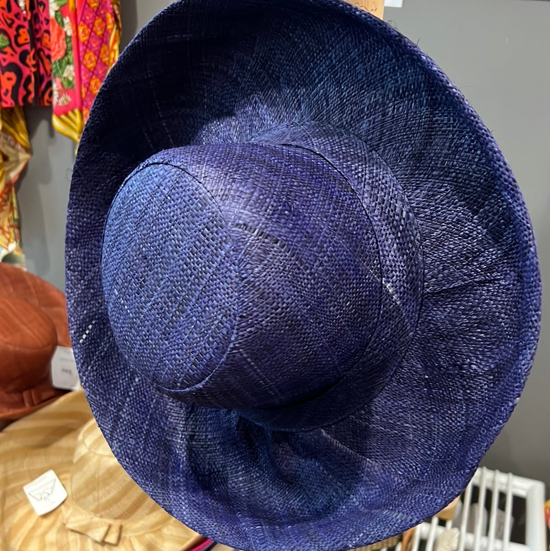 Le Panier Woven Straw Wide Brim Sun Hat with Bow Straw Band - Navy Blue