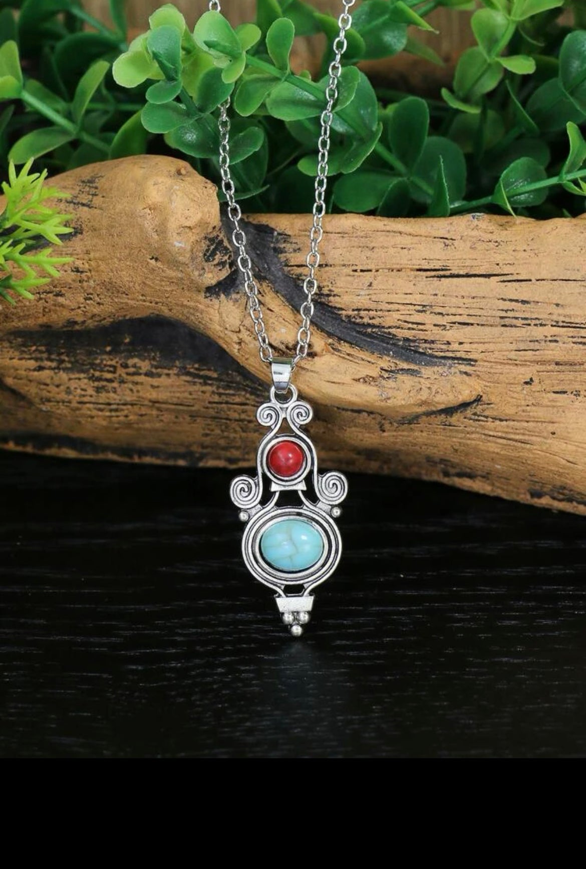 Coral and Turquoise Stone Tibetan Silver Geometric Necklace