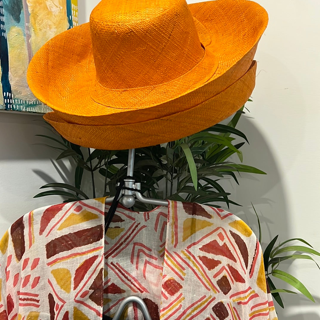 Le Panier Woven Straw Wide Brim Sun Hat with Bow Straw Band - Orange