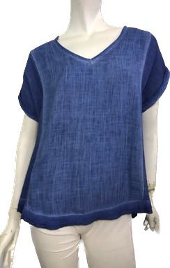 V-Neck Short Sleeve Linen Pullover Top - Denim