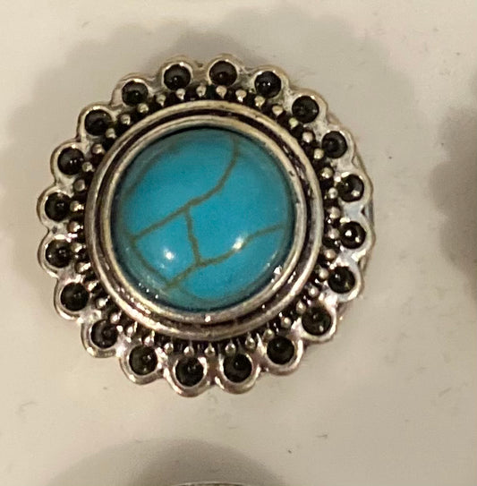 Stone Button - Round Turquoise Silver Flower