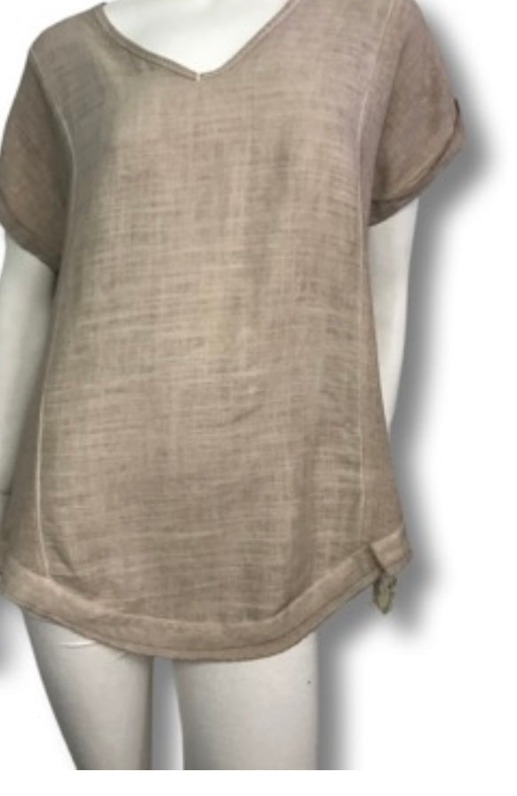 V-Neck Short Sleeve Linen Pullover Top - Beige