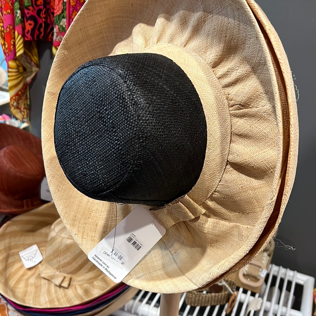 Le Panier Woven Straw Wide Brim Sun Hat with Bow Straw Band - Natural Black