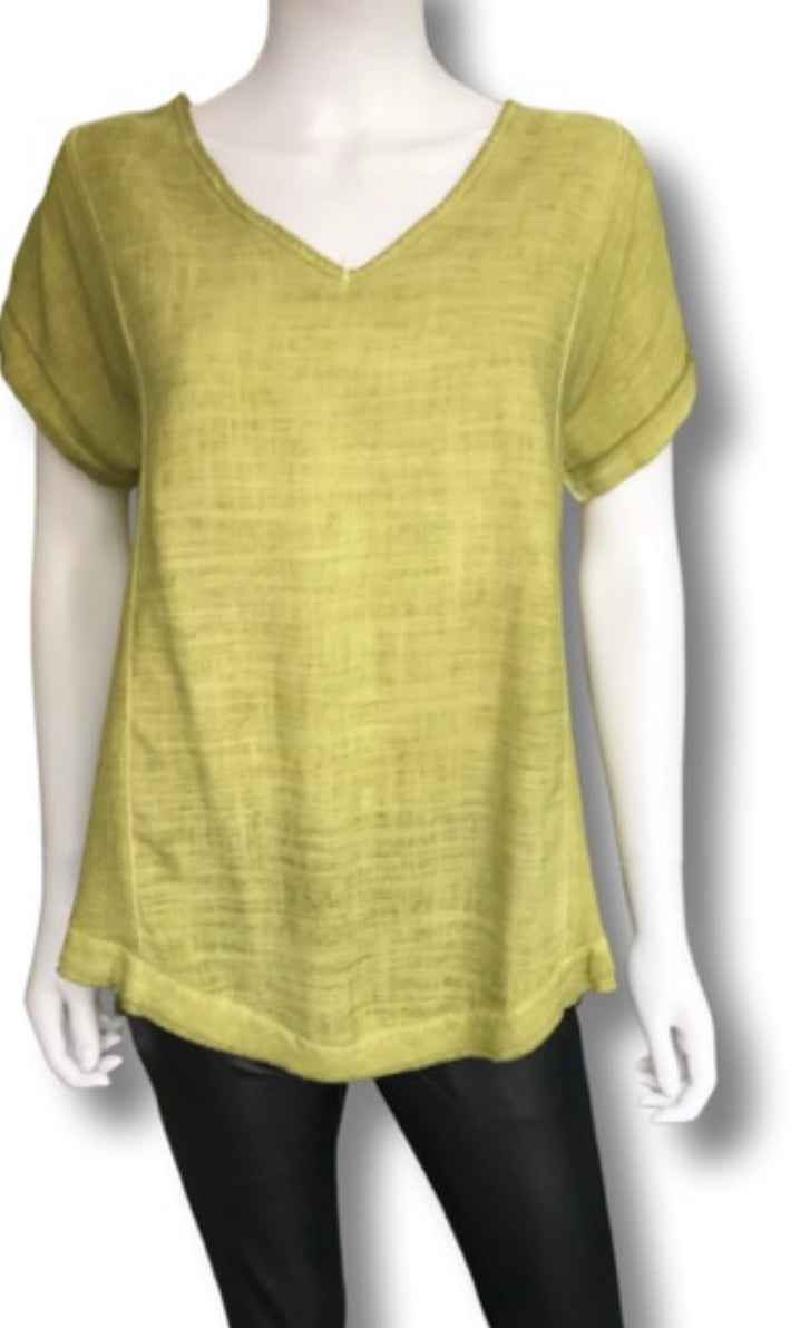V-neck short sleeve linen top in lime color