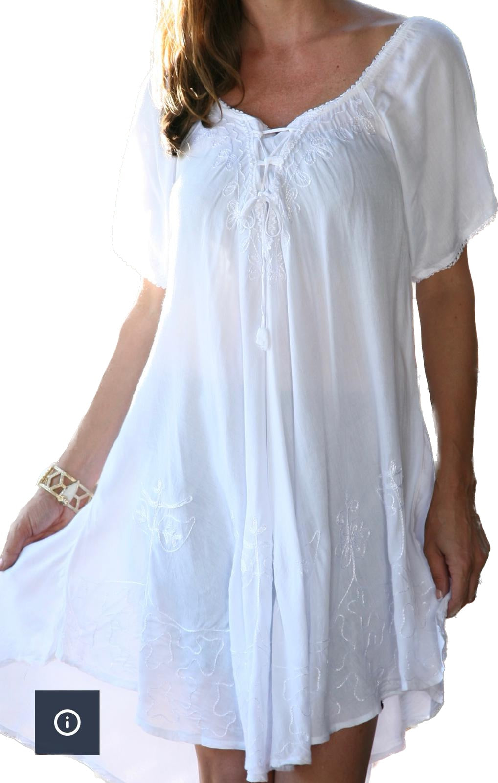 Short Sleeve with drawstring on the chest and Embroidery details  Swing Dress 