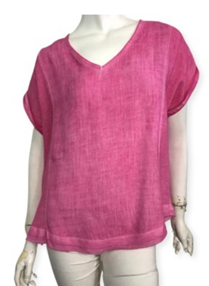 V-Neck Short Sleeve Linen Pullover Top - Fuchsia