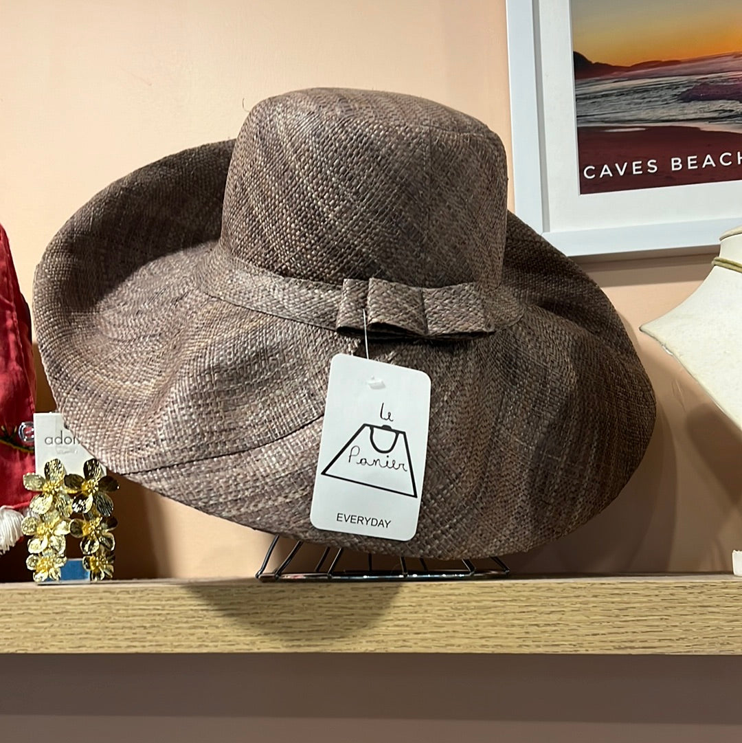 Le Panier Woven Straw Wide Brim Sun Hat with Bow Straw Band - Taupe