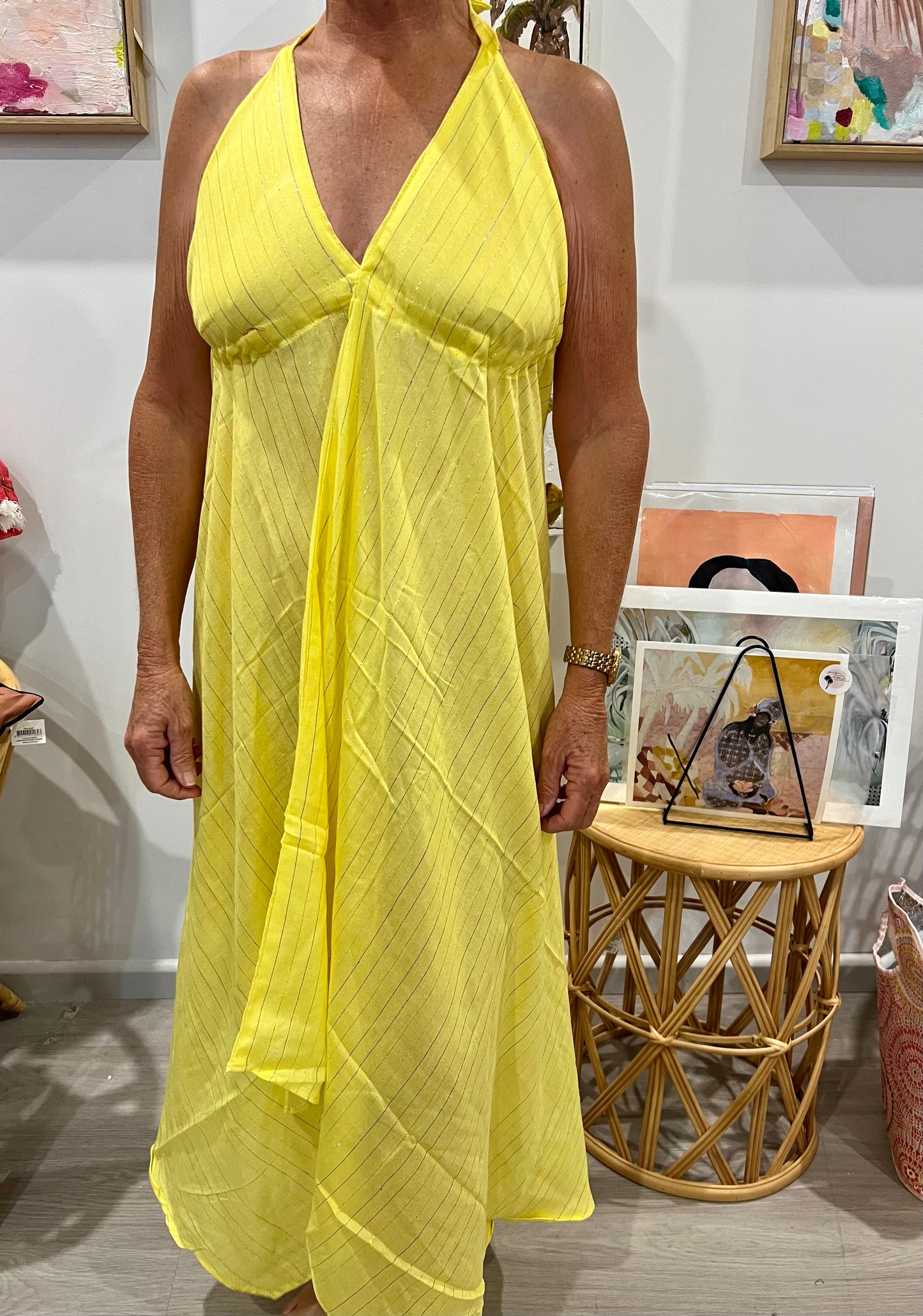 Yellow Cave Woman long Indie dress - Shiny threads