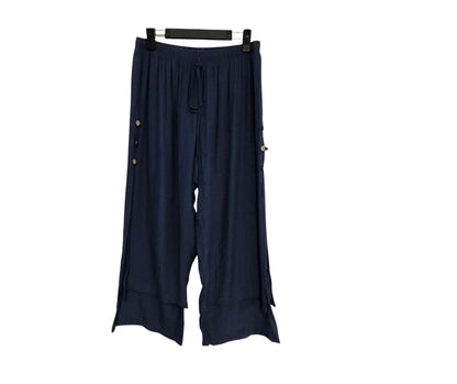 3/4 length loose capri trousers with tie on waist in navy blue color with three buttons on the side