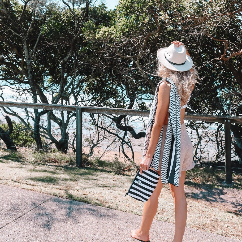 woman with Sand Free Towel - The Hamilton Black Stripes
