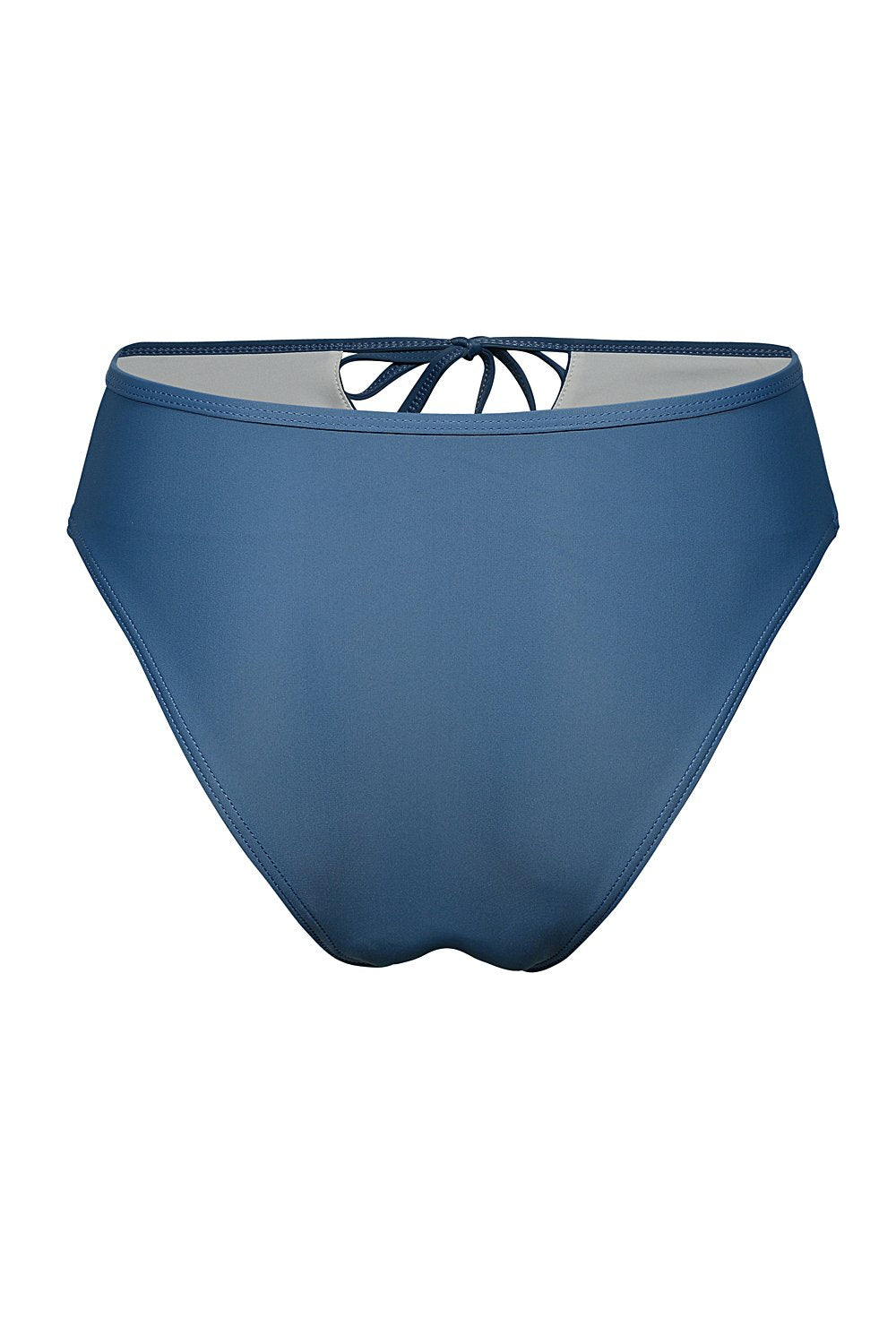 tie front bottom beach bikini in slate grey powder blue color back view